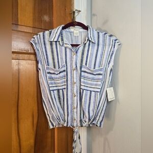 Passport Blue and Green Striped Tie Waist Top Sz M